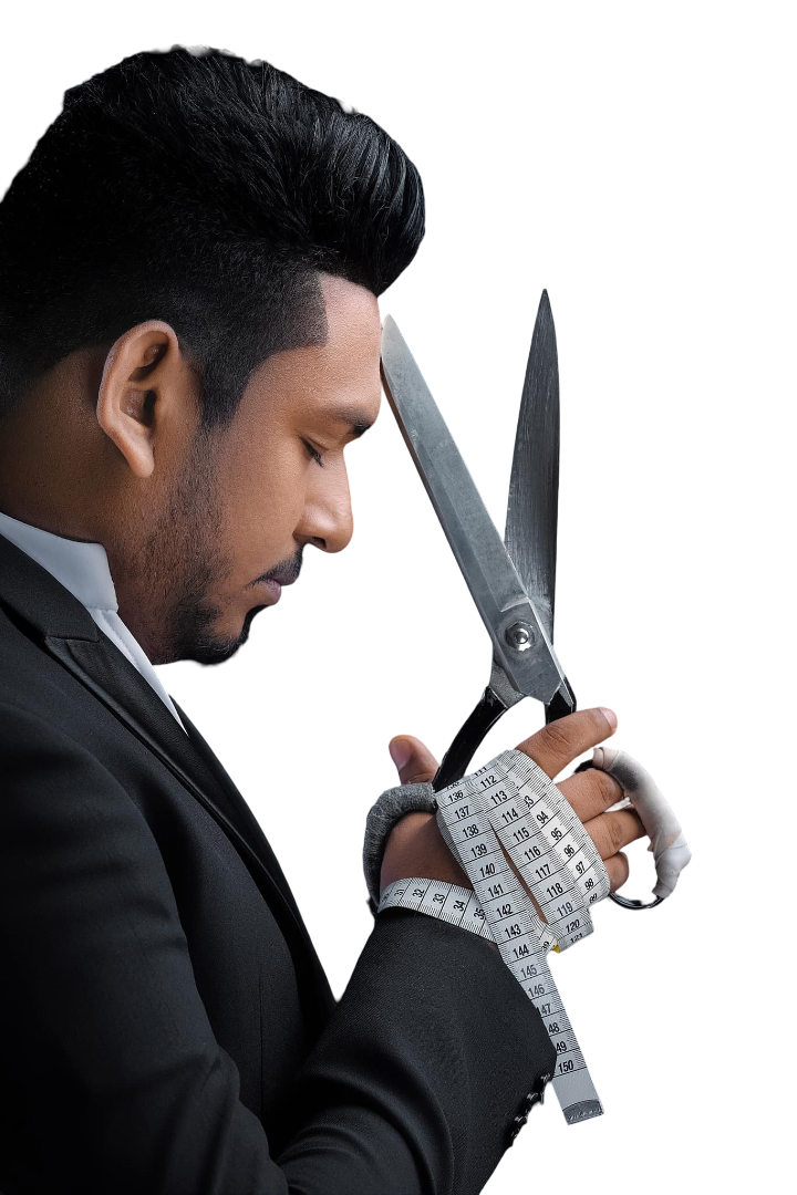 Designer with scissors on left